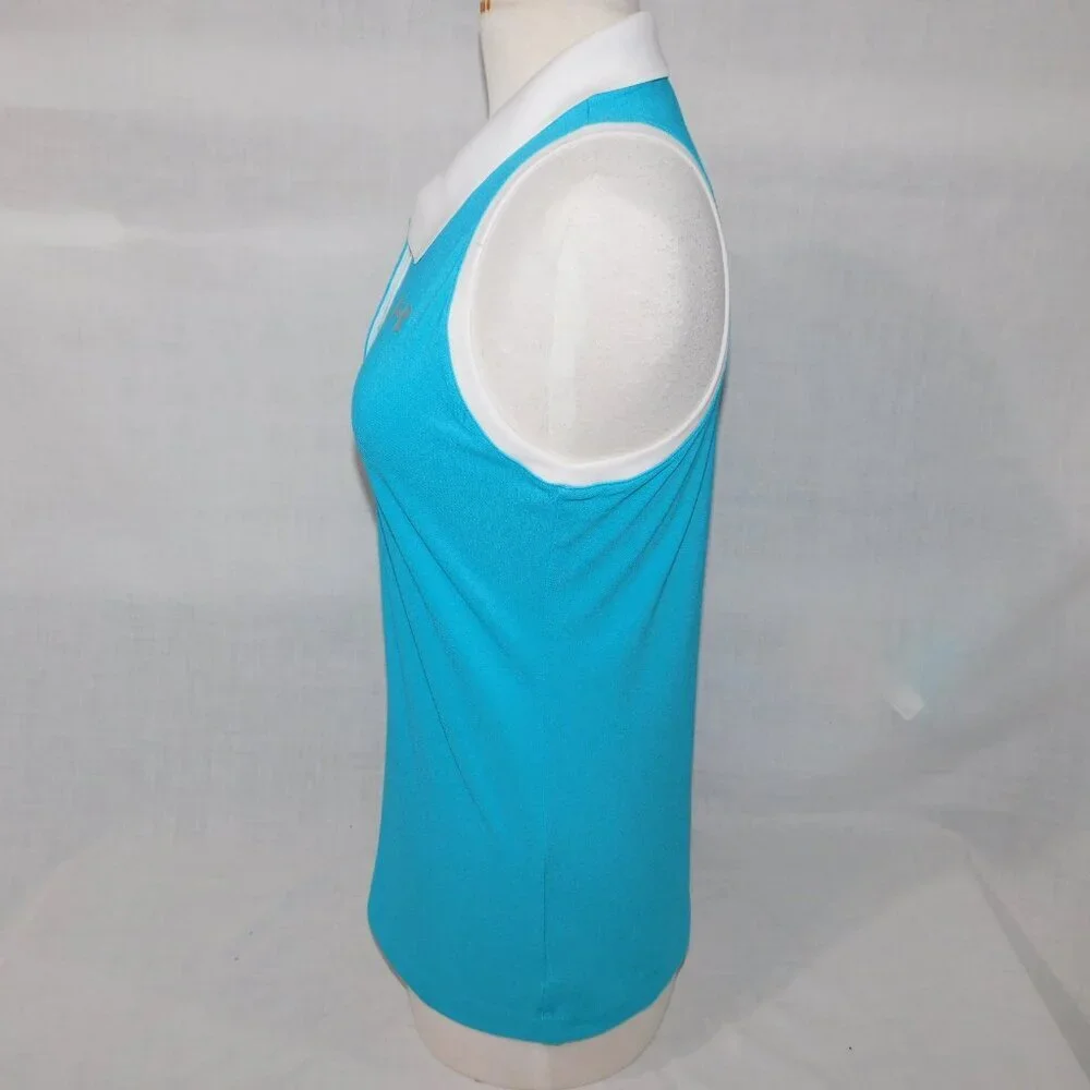 Under Armour heatgear Womens M Blue White Fitted Sleeveless Golf Polo Shirt - Picture 5 of 8